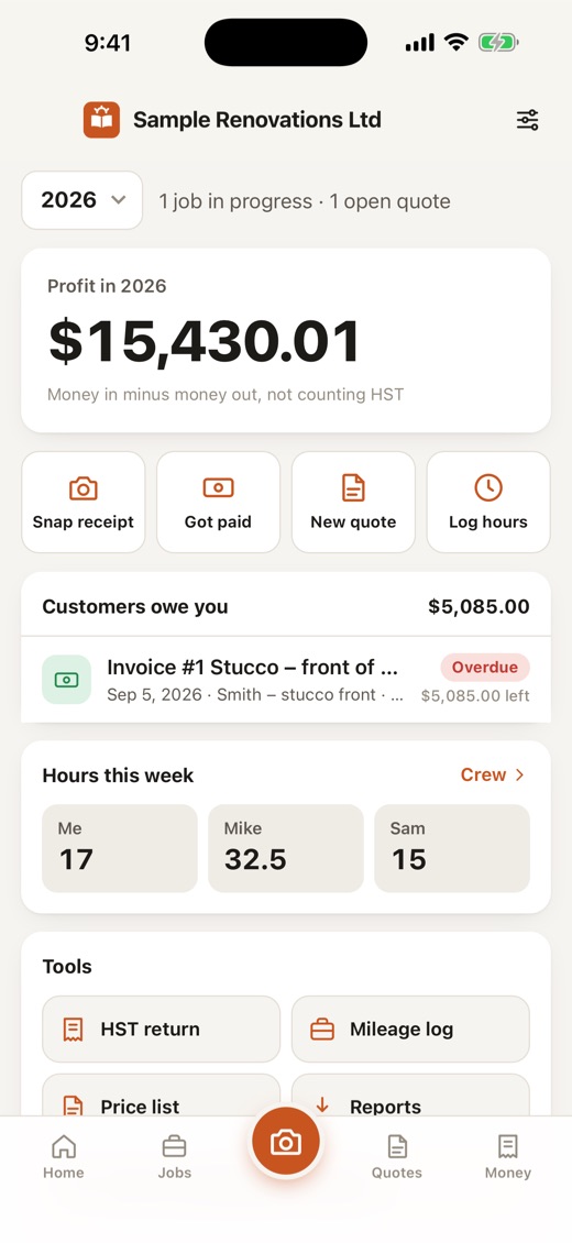 The BrightenBooks home screen showing profit, money in and money out, and jobs