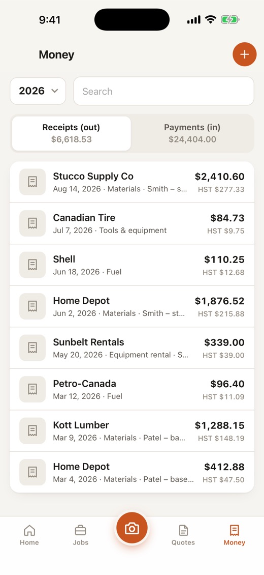 Receipts list